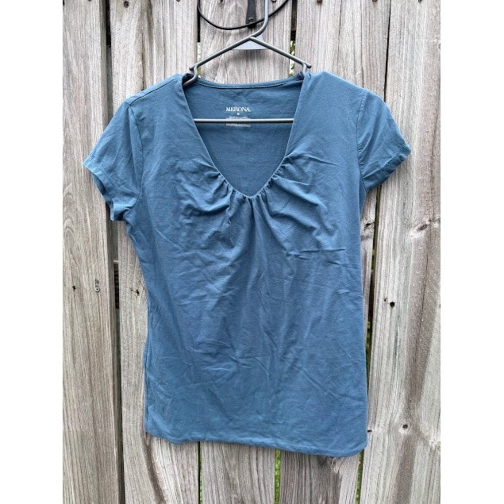 Casual Basic Merona V-Neck Tee Size M Teal Blue Ruched Short Sleeve Top